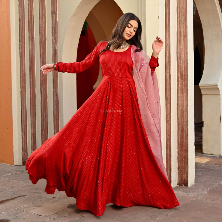 Cherry Red Georgette Anarkali Suit With Dupatta For Casual Wear - Ethnic  Race